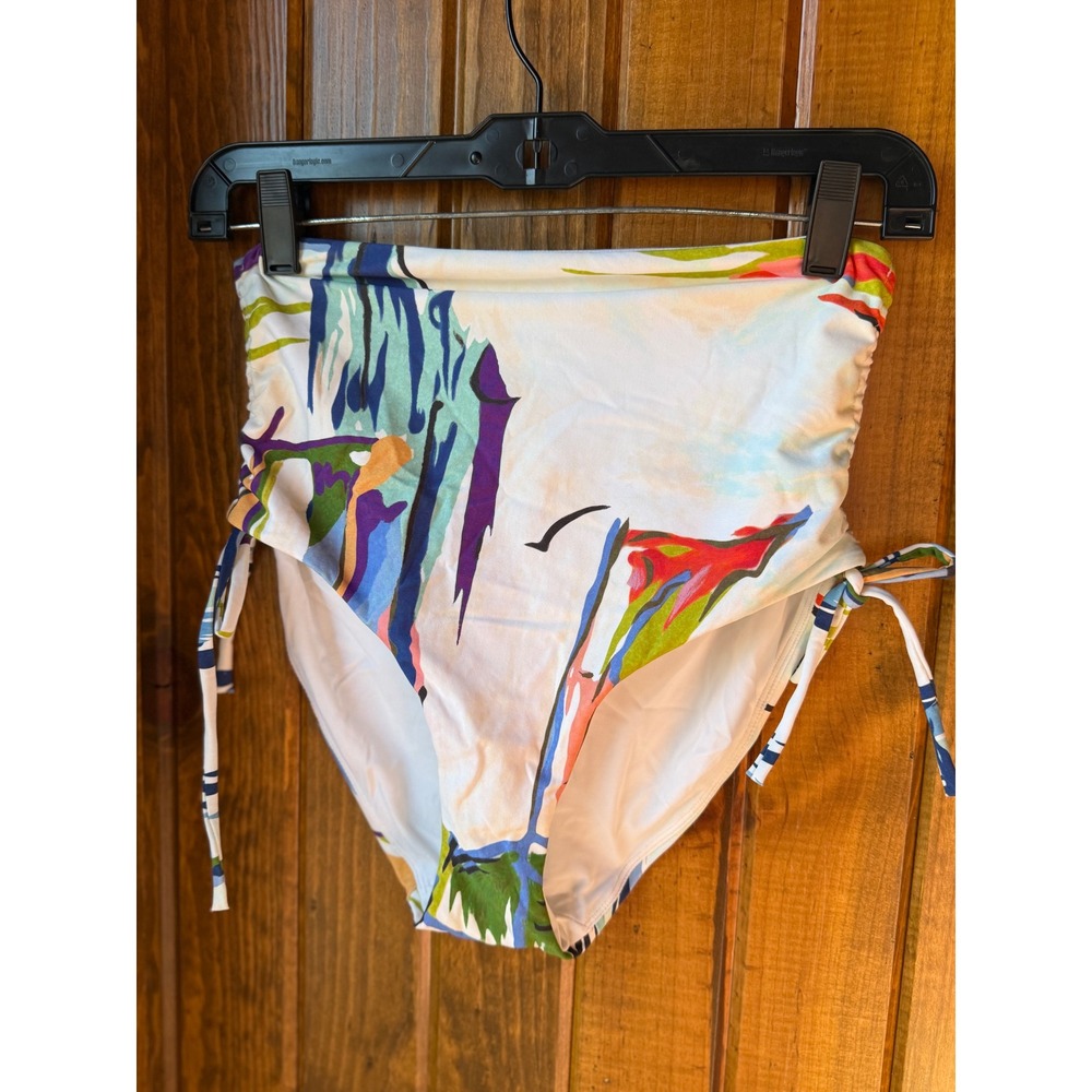 Calia Womens High Waisted Ruched Side Tie Bikini Bottoms Tahitian Print Small‎